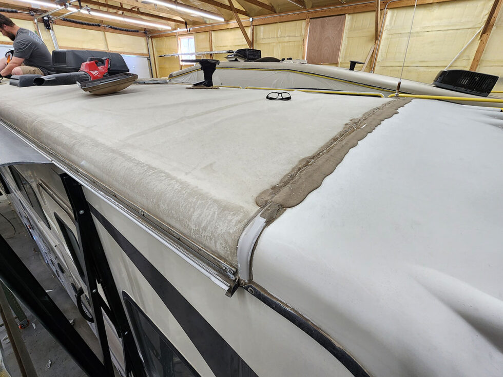 Class A RV having roof repaired