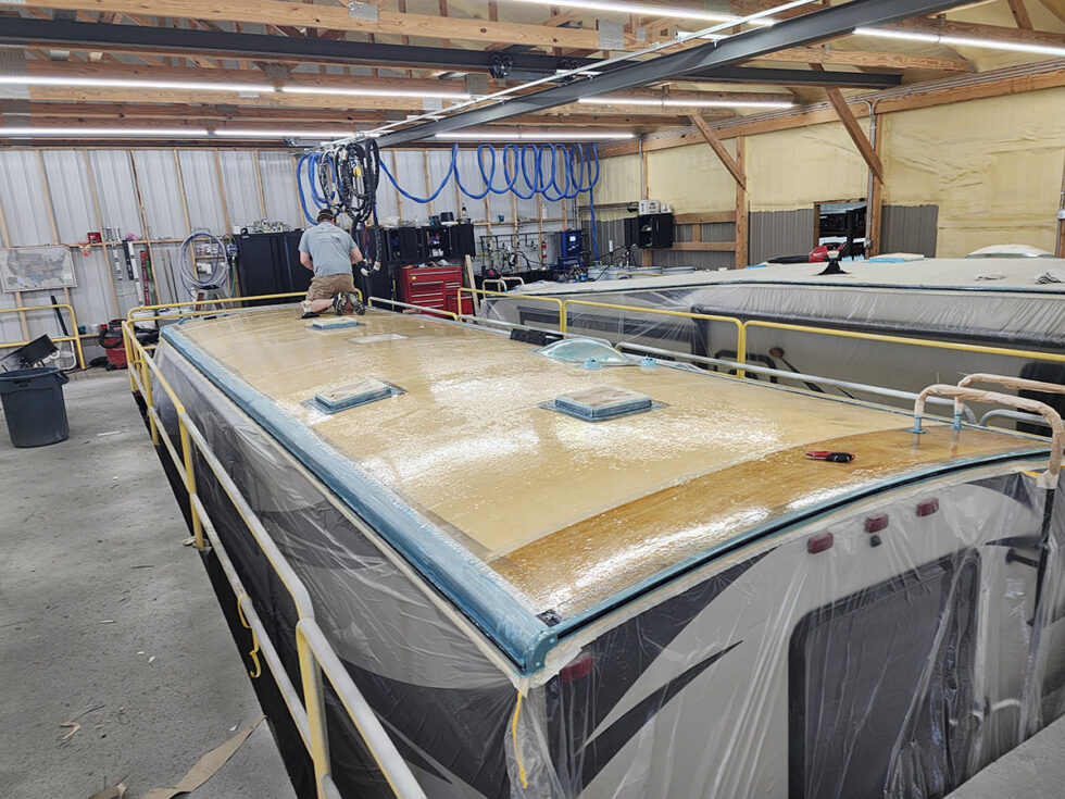 Class A RV having roof repaired