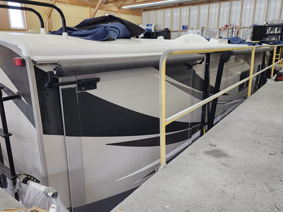 Class A RV having roof repaired