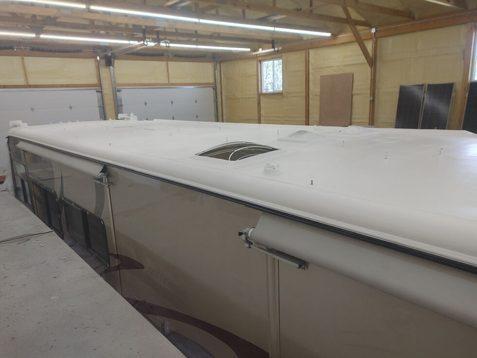 class a rv having roof repaired