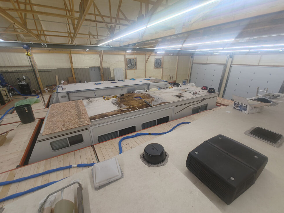 Class C RV Roof being repaired