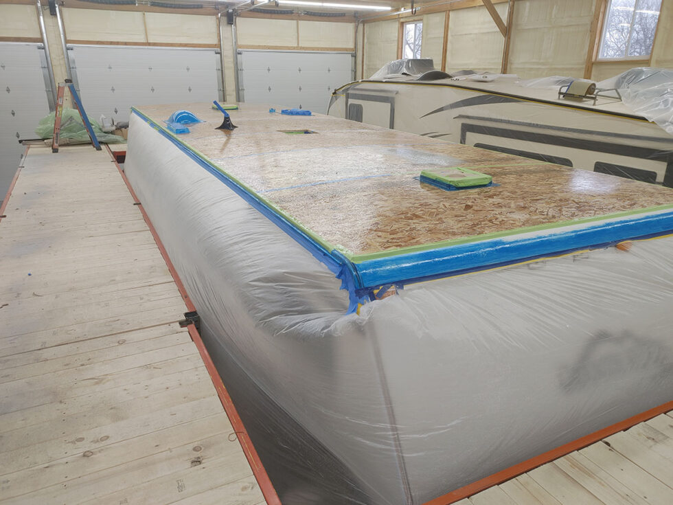 Class C RV Roof being repaired