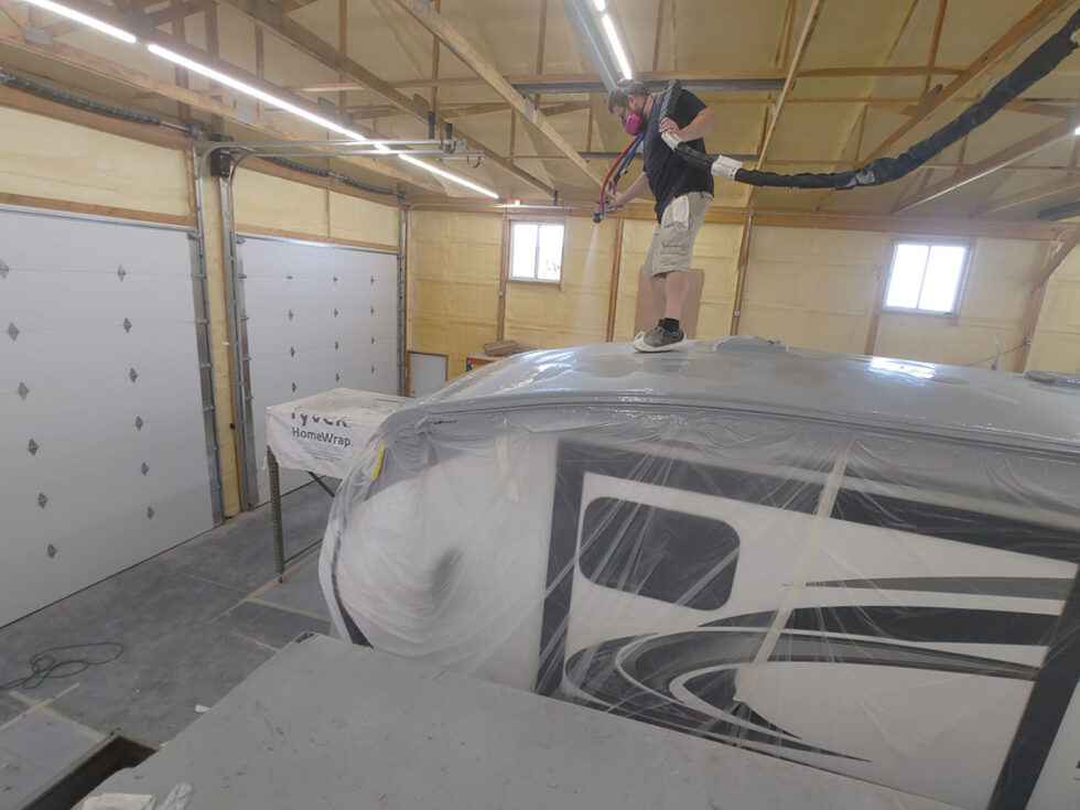fifth wheel rv roof being repaired