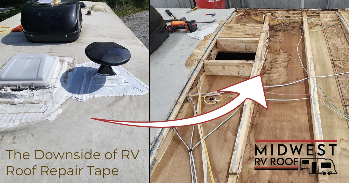 showing what can leak under rv roof repair tape