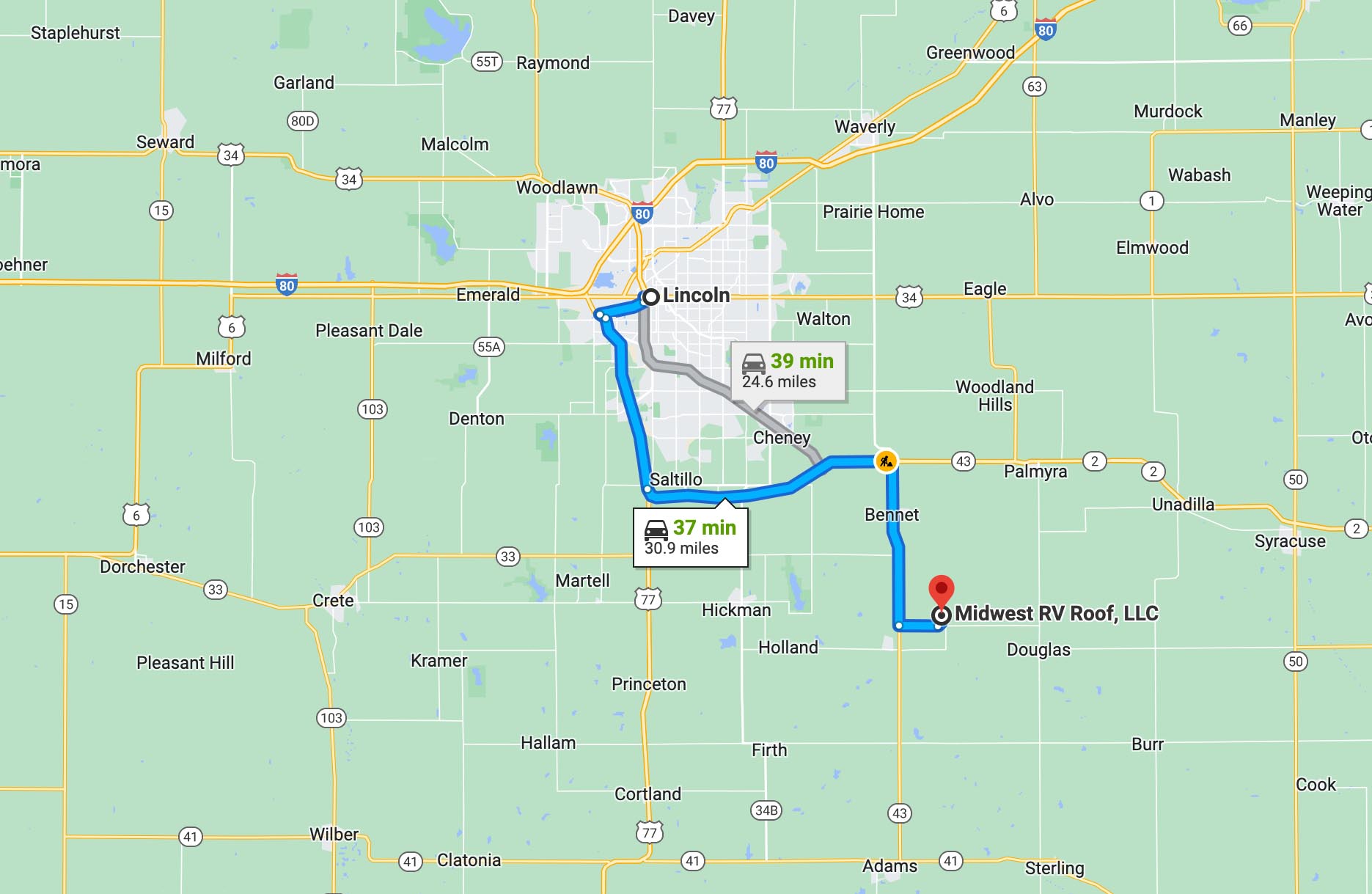 map showing routes to midwest rv roof from lincoln nebraska