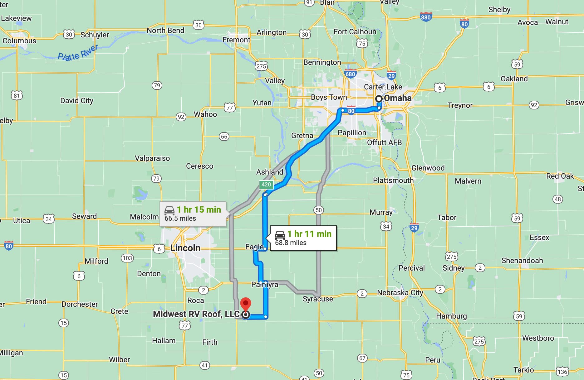 map showing route options from omaha to adams nebraska