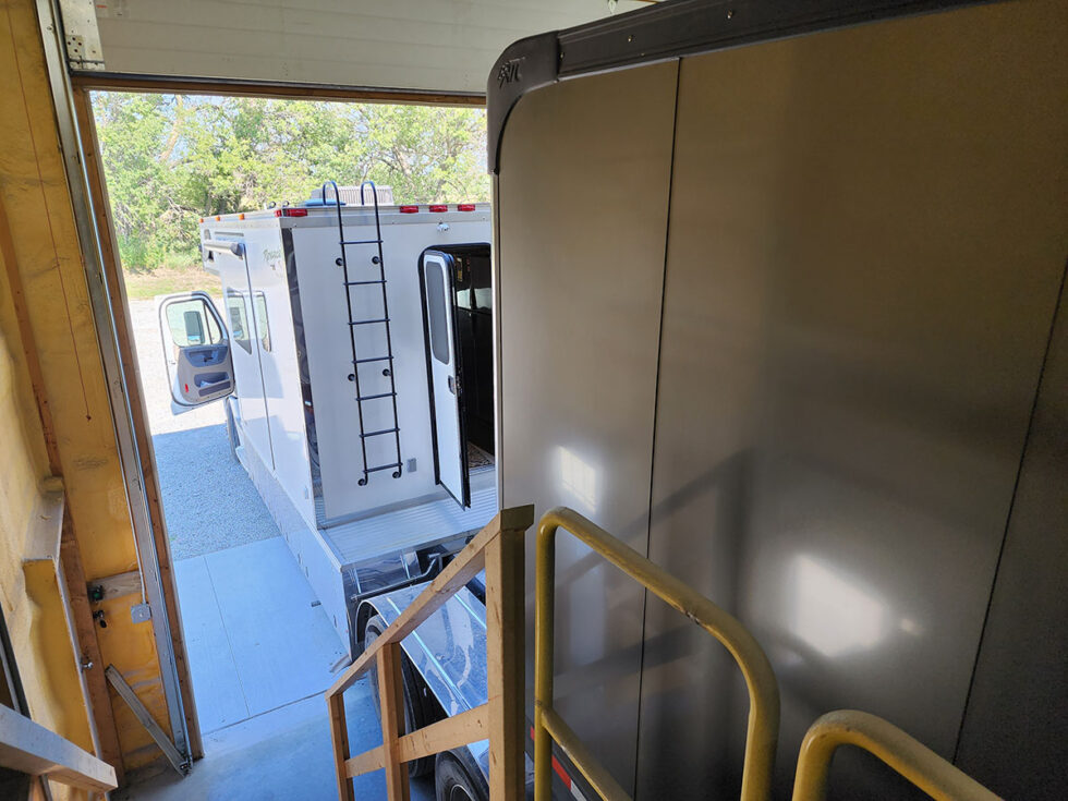custom race car trailer in the shop