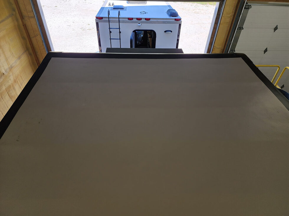 custom race car trailer in the shop