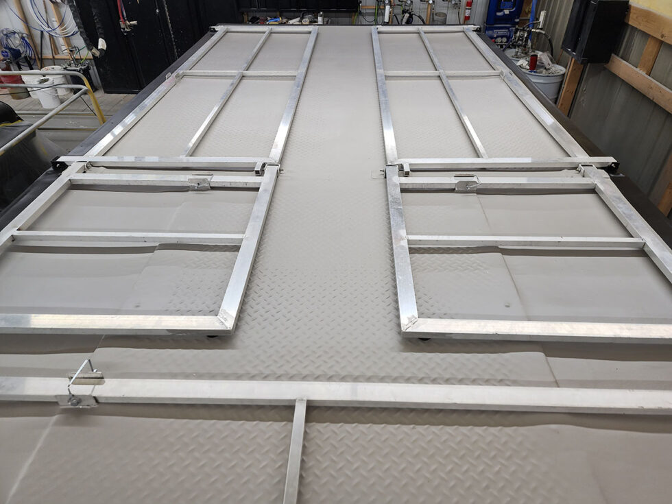 custom race car trailer before FlexArmor roof in the shop