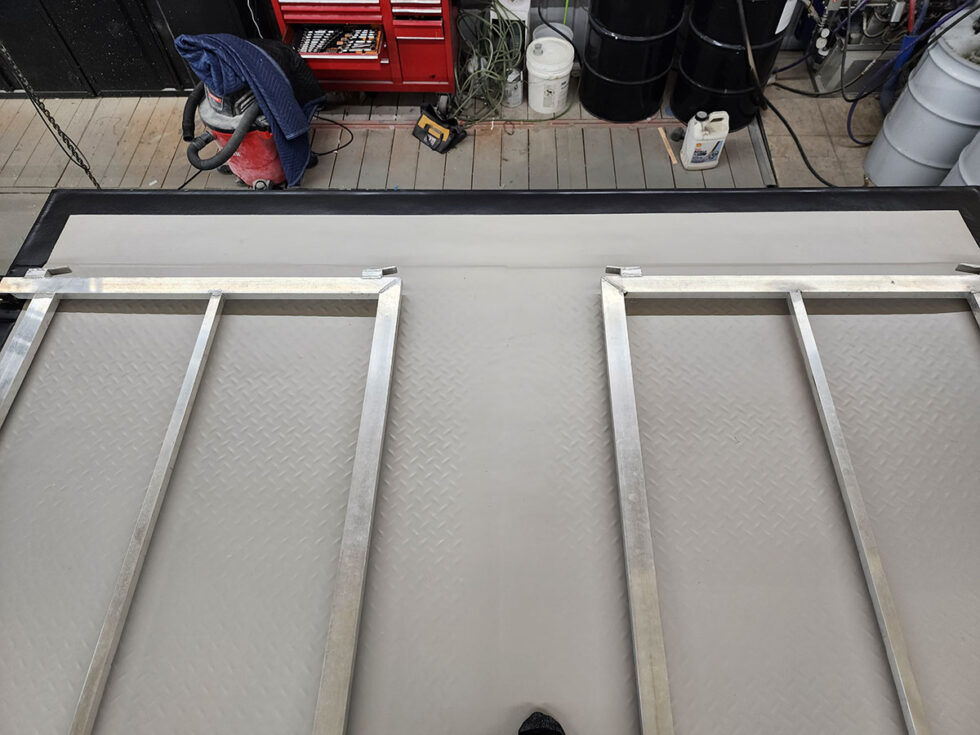 custom race car trailer before FlexArmor roof in the shop