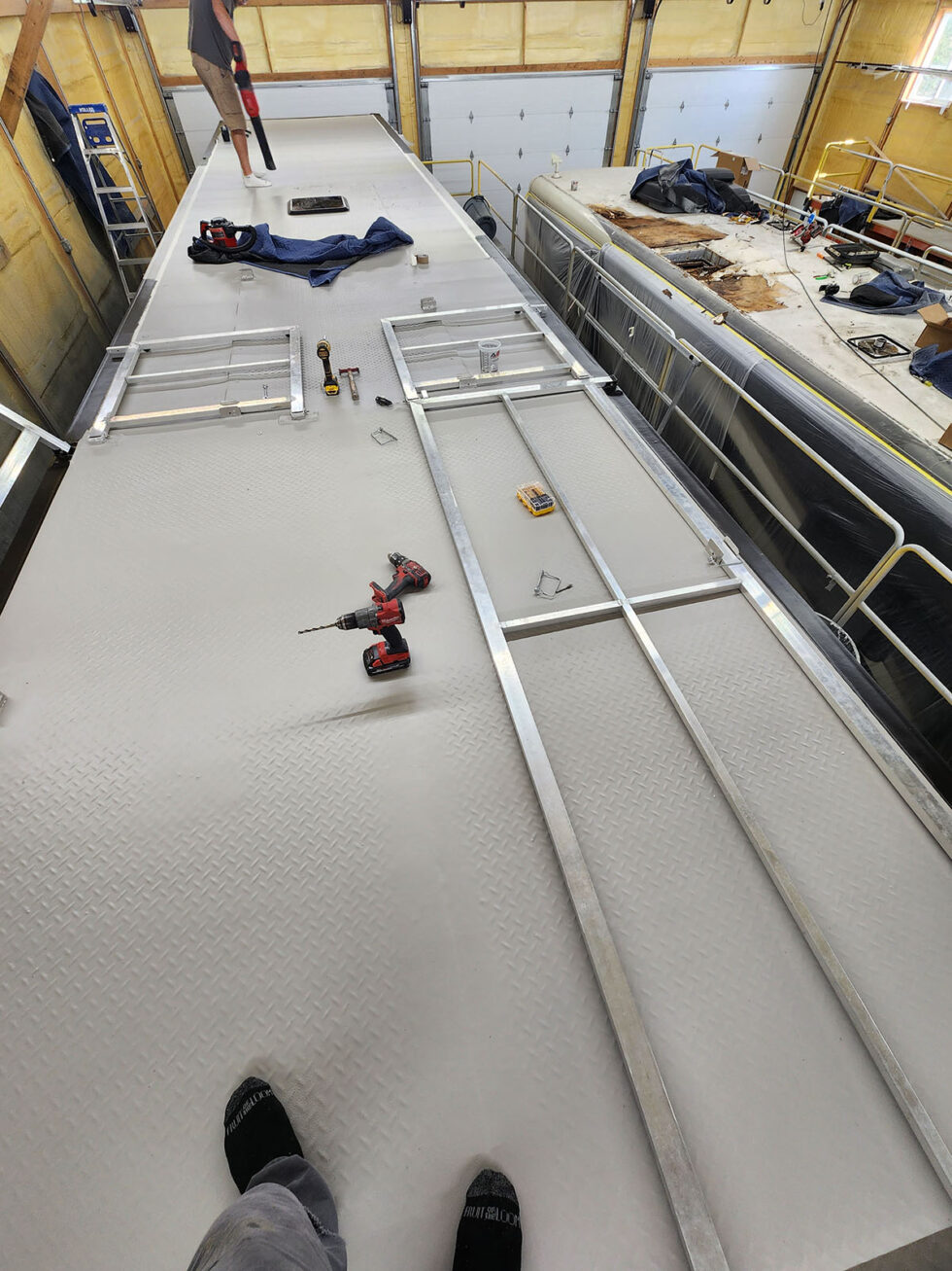 custom race car trailer before FlexArmor roof in the shop