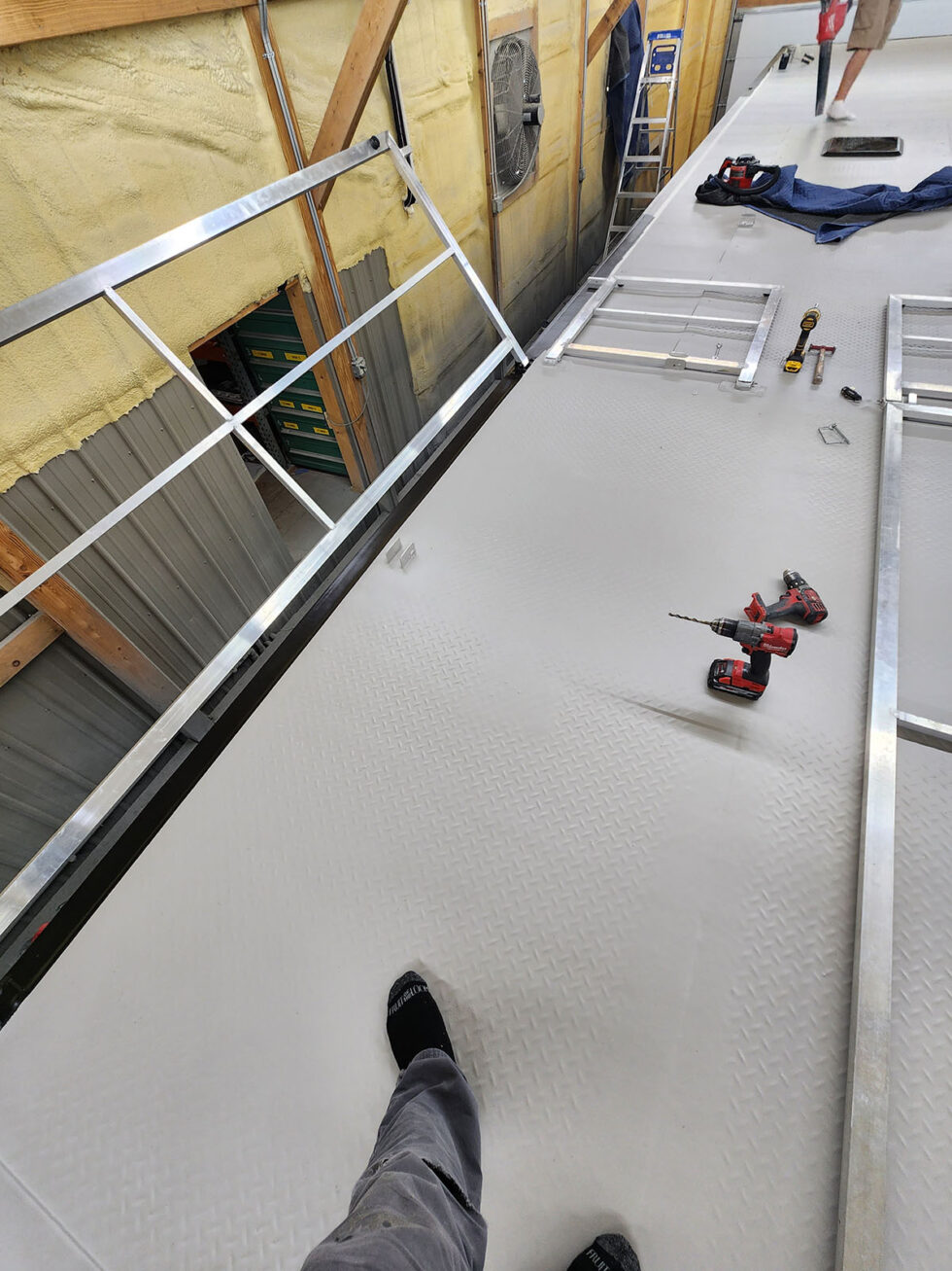 custom race car trailer before FlexArmor roof in the shop