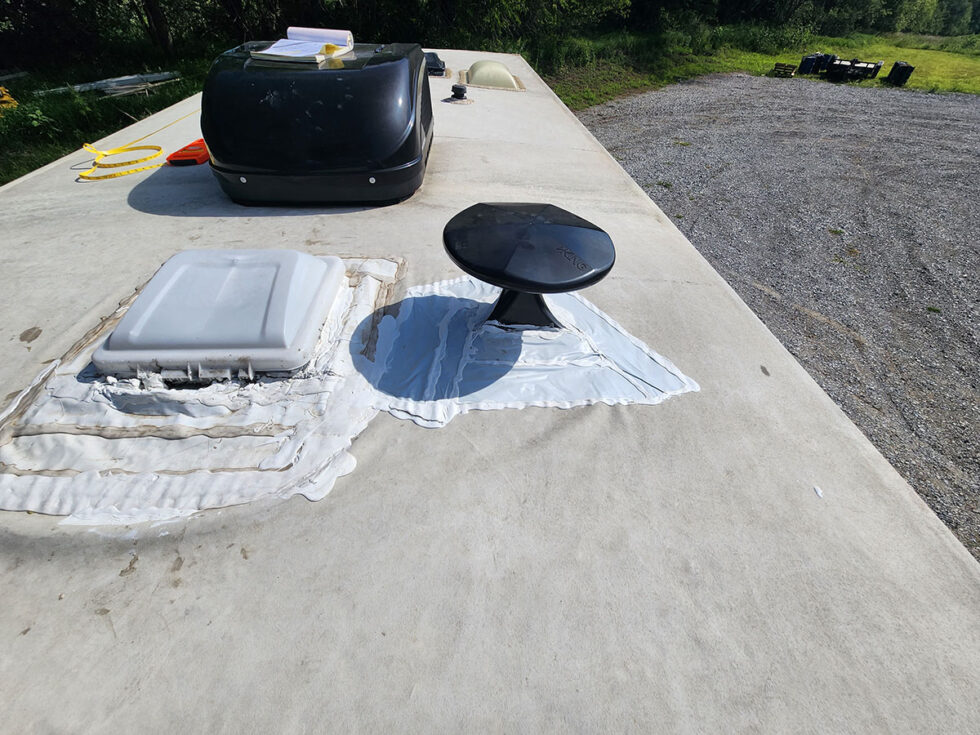 rv roof covered in caulk