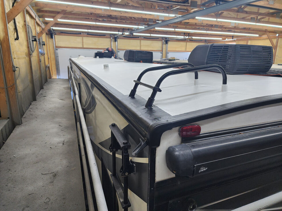 RV in Midwest RV Roof shop for new roof