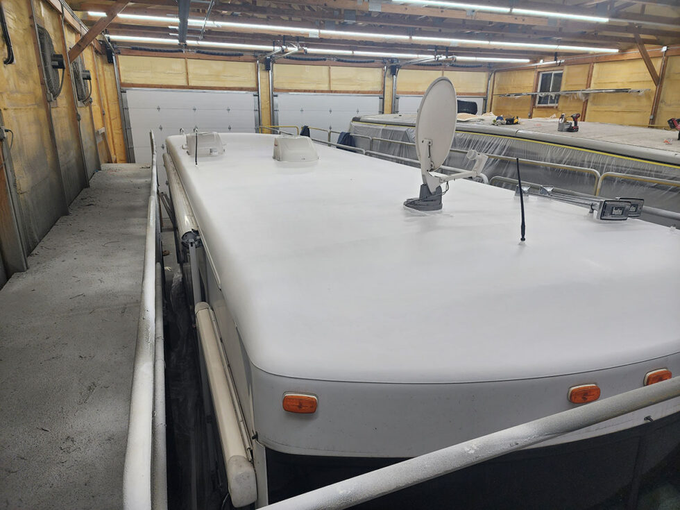 Winnebago in Midwest RV Roof shop with new FlexArmor roof