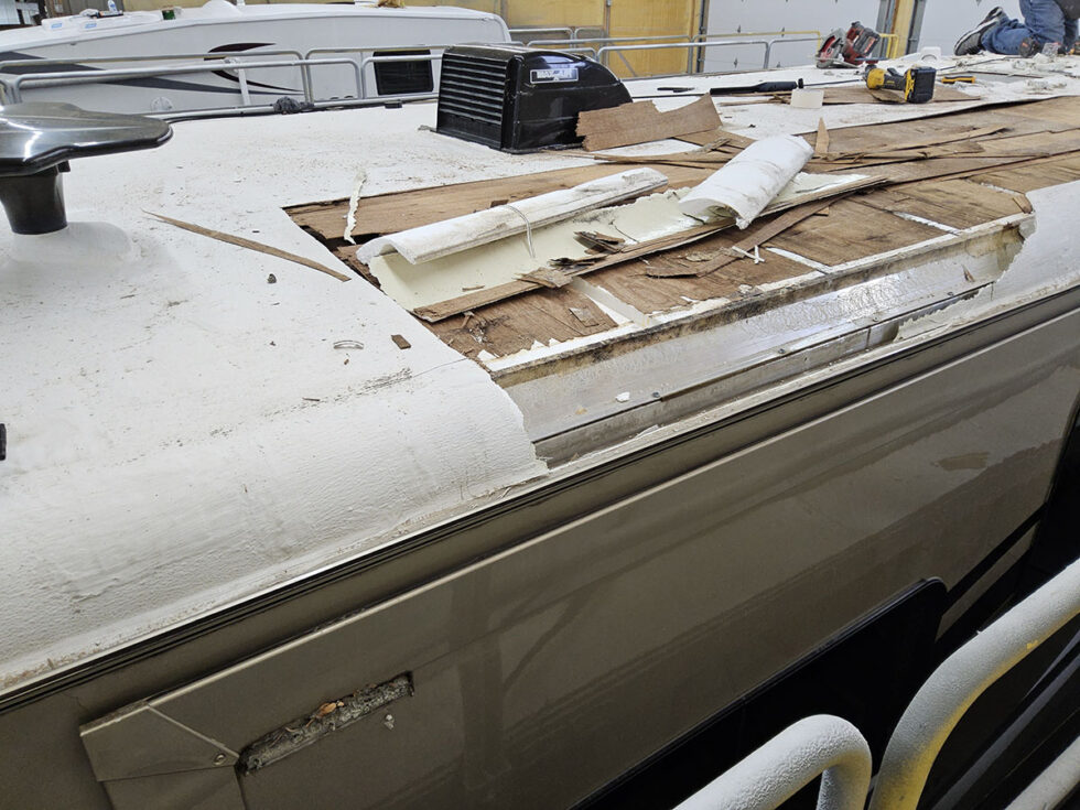 rv roof with damage from hail
